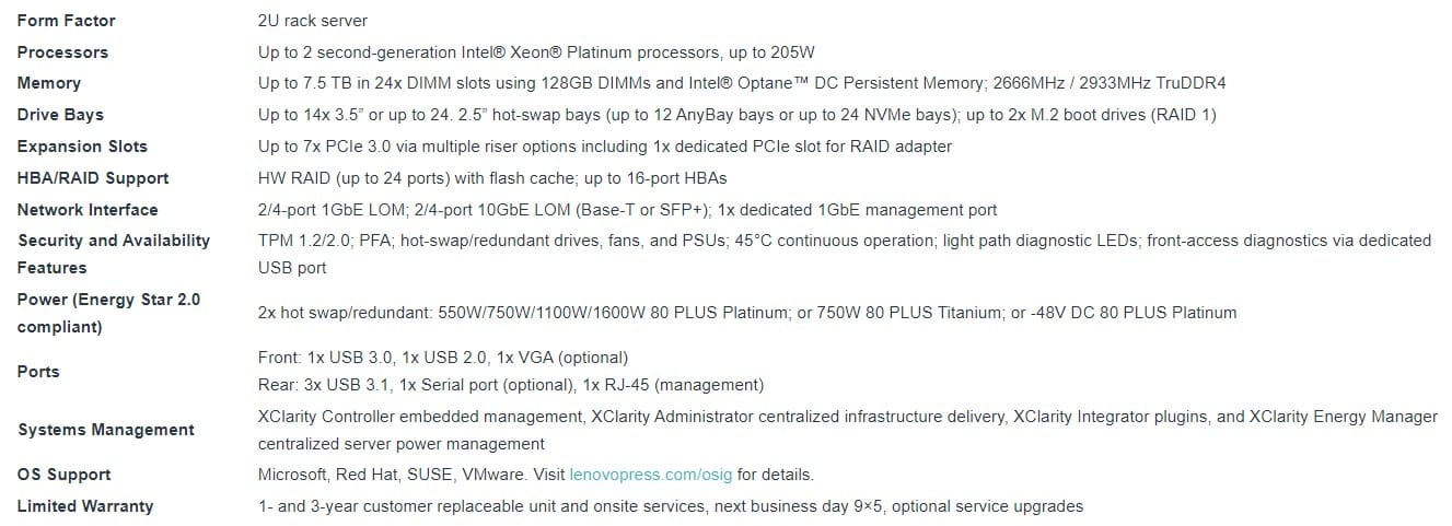 Lenovo ThinkSystem SR650 Server Specifications