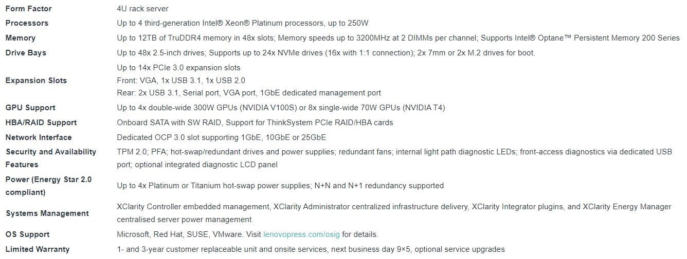 Lenovo ThinkSystem SR860 V2 Specifications